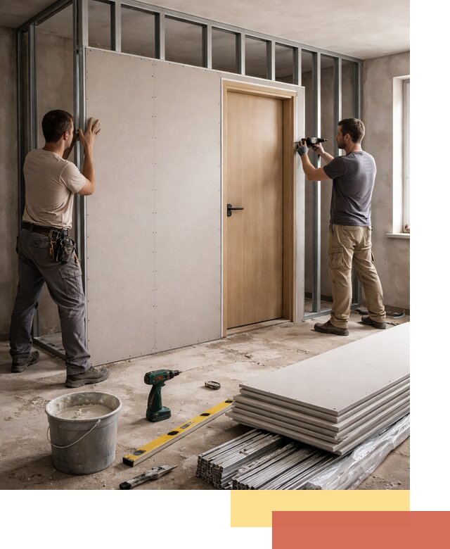 Перегородка из гипсокартона с дверью под ключ в Кузнецке