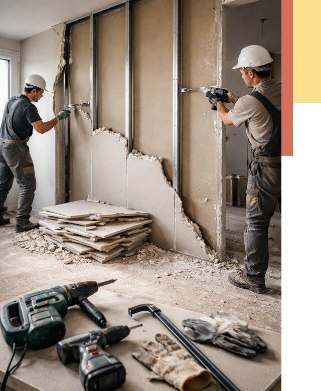 Демонтаж перегородки из гипсокартона в Кузнецке от 1251 руб. быстро и недорого | ОТДЕЛОЧНИК-Кнц