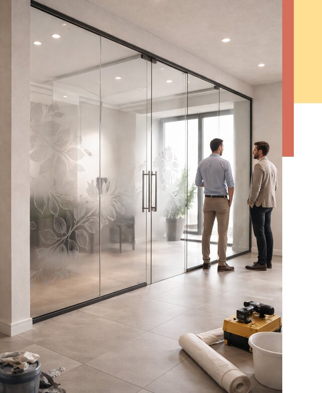 Стеклянные перегородки с рисунком в Кузнецке от 13030 руб. монтаж и нанесение | ОТДЕЛОЧНИК-Кнц