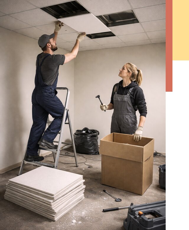 Демонтаж потолочной плитки в Кузнецке от 4691 руб. быстро и недорого | ОТДЕЛОЧНИК-Кнц